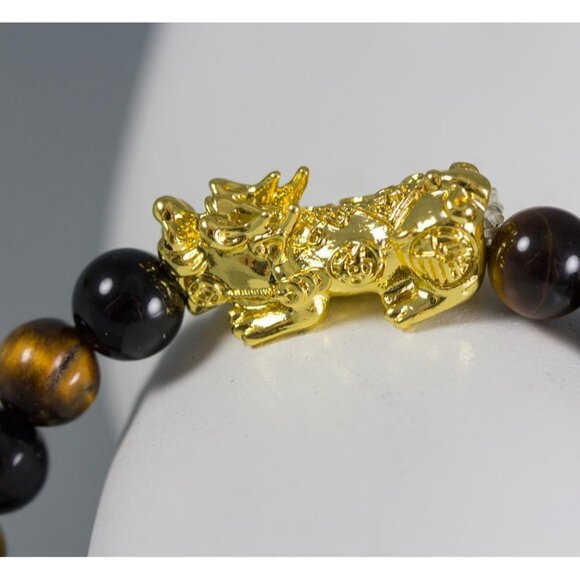 Tiger's Eye Wealth Good Luck Bracelet 8mm Round Beads Stretch Gold-Tone Dragon - Picture 6 of 6